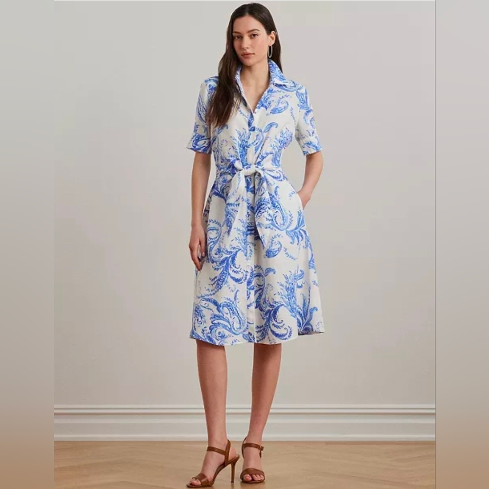 Lauren Ralph Lauren Linen Paisley Tie Front Shirtdress Size 22W NWT $195